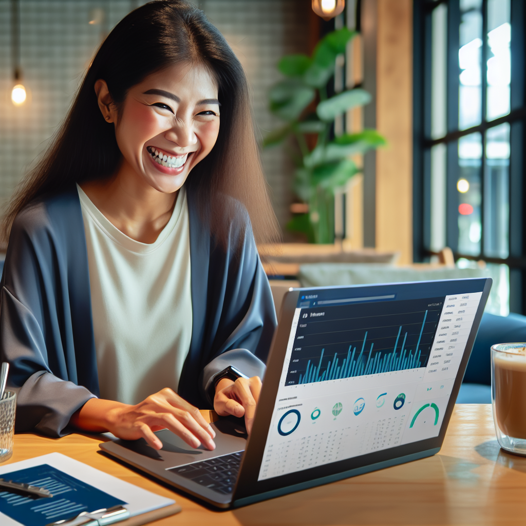 Pessoa revisando finanças com felicidade