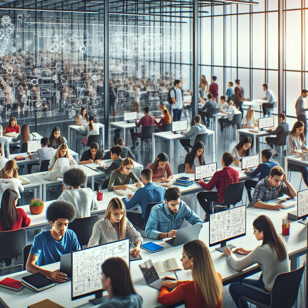 Alunos em uma sala de aula do SENAI, participando de um curso técnico